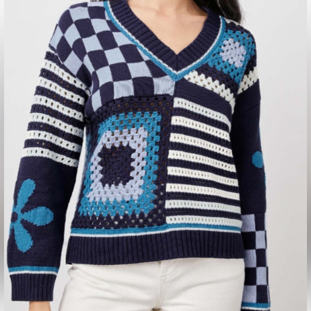 NWT Rails Joni Patchwork Sweater XL Blue/White V Neck Pullover Boho Cotton Blend